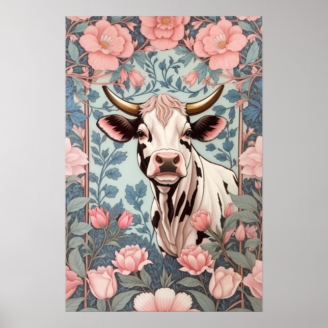 Cute Cow with Pink Floral Background Poster (Front)