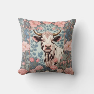 Cute Cow with Pink Floral Background Throw Pillow