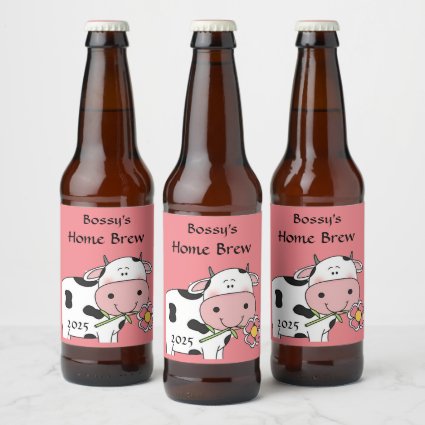 Cute Cow with Pink Flower Beer Labels