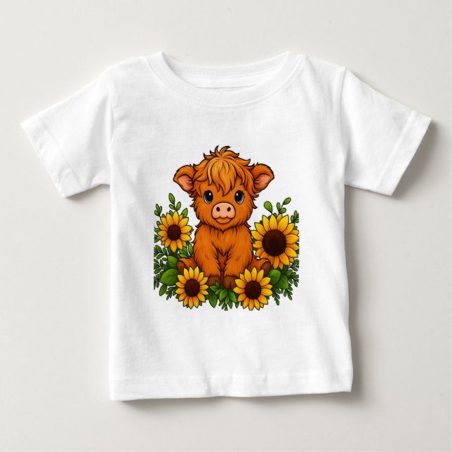 Cute Cow with Sunflowers Baby T-Shirt (Front)