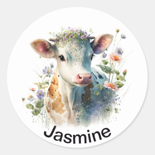 Cute cow with your name floral watercolor  classic classic round sticker