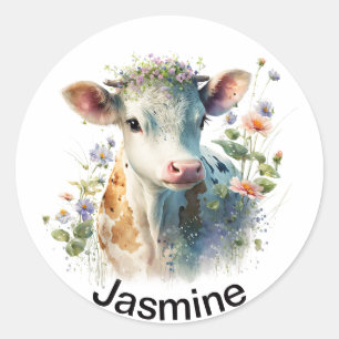 Cute cow with your name floral watercolor classic round sticker