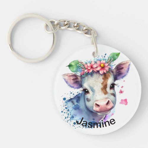 Cute cow with your name floral watercolor farm key keychain
