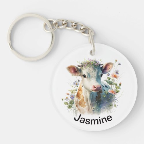 Cute cow with your name floral watercolor farm keychain