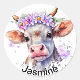 Cute cow with your name floral wreath watercolor k classic round sticker