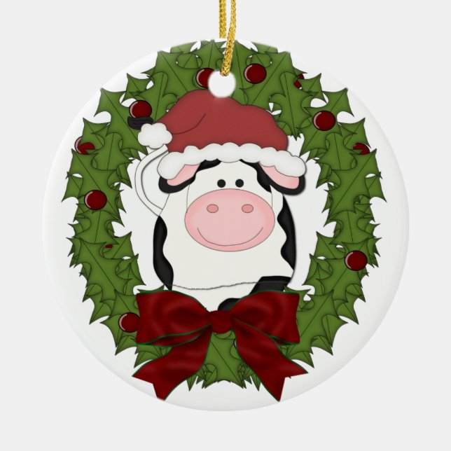 Cute Cow Wreath Christmas Holiday Tree Ornament (Front)