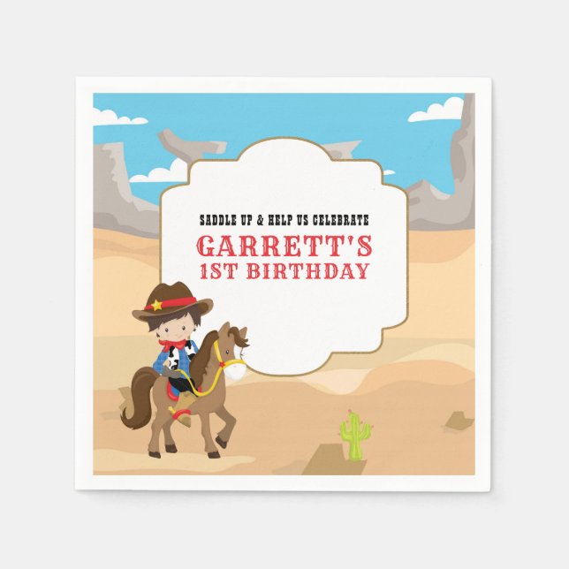 Cute Cowboy 1st Birthday Party Napkins (Front)
