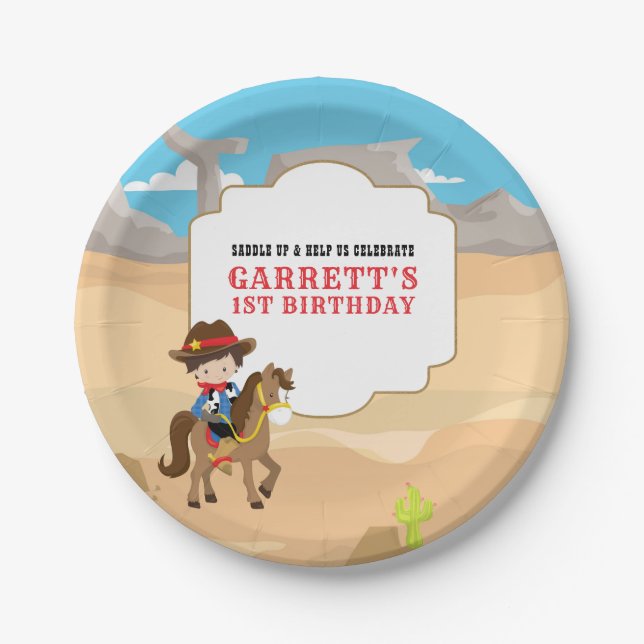 Cute Cowboy 1st Birthday Party Paper Plates (Front)