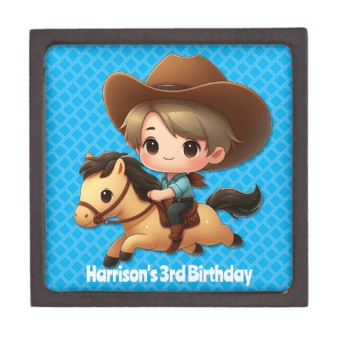 Cute Cowboy and Horse Western Birthday Blue Gift Box
