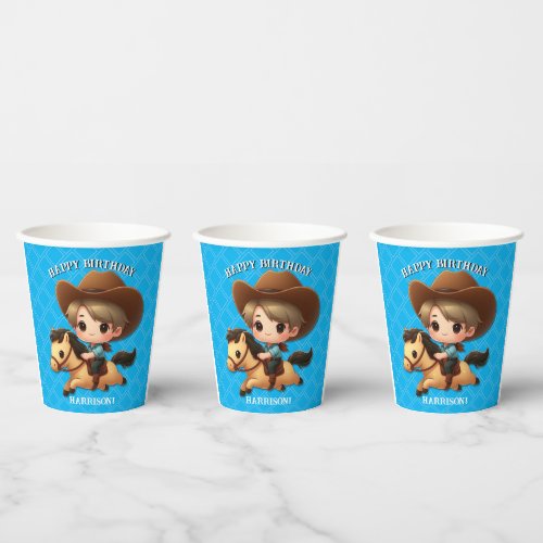 Cute Cowboy and Horse Western Birthday Blue Paper Cups