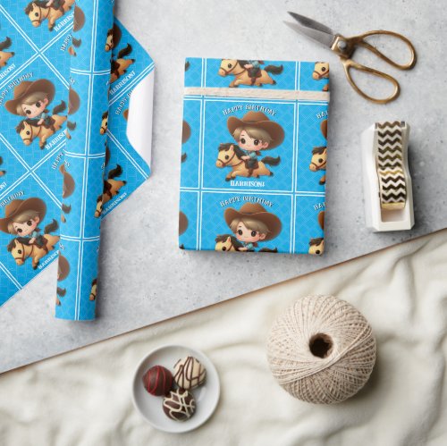 Cute Cowboy and Horse Western Birthday Blue Wrapping Paper