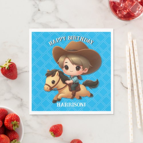 Cute Cowboy and Horse Western Birthday Napkins