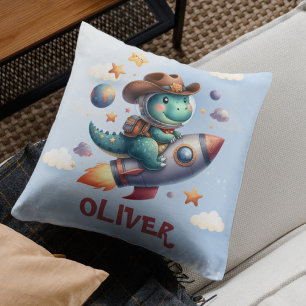Cute Cowboy Astronaut Dinosaur Riding Space Rocket Throw Pillow