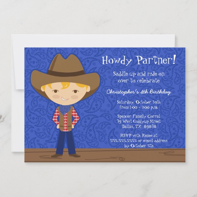 Cute cowboy birthday party invitation (Front)