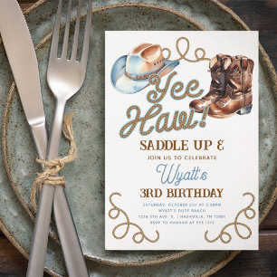 Cute Cowboy Boots Blue Yee Haw Rodeo Birthday Invitation