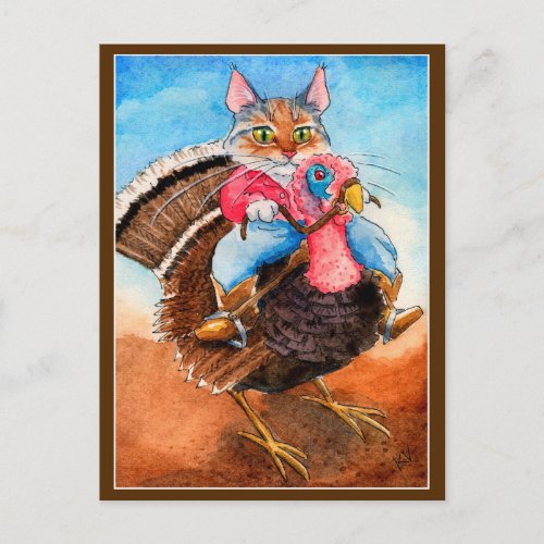 Cute cowboy cat riding turkey postcard
