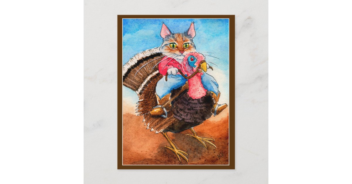 Cute cowboy cat riding turkey postcard | Zazzle