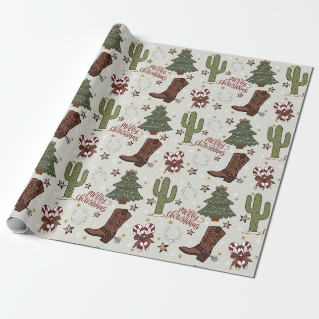 Cute Cowboy Christmas Wrapping Paper (Unrolled)