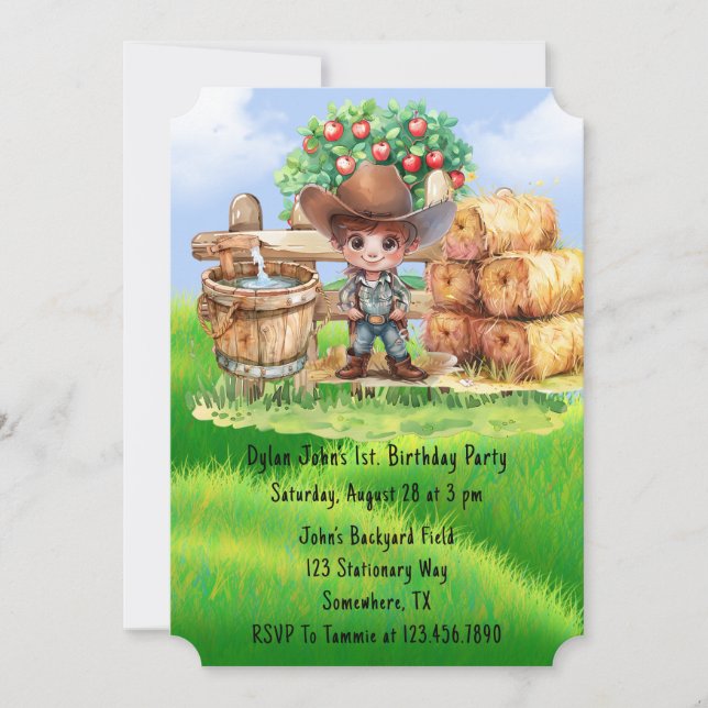 Cute Cowboy Farmer 1st. Birthday Party Invitation (Front)