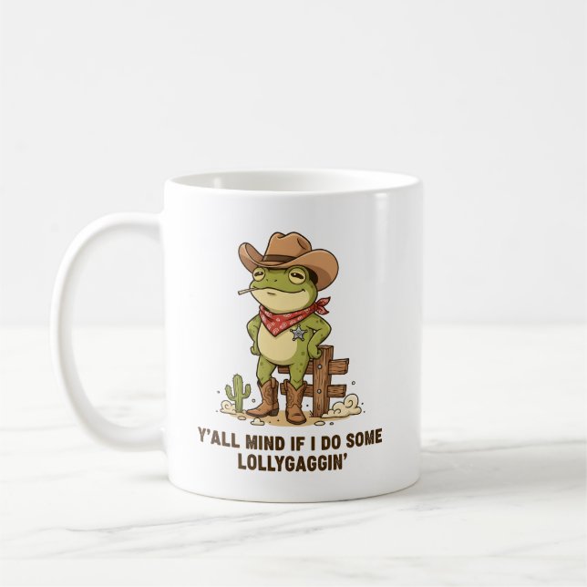 Cute Cowboy Frog Lollygaggin' Western Frog Humor Coffee Mug (Left)