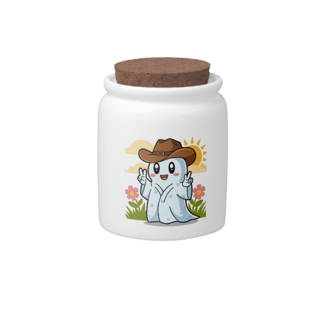 Cute Cowboy Ghost for Halloween Fun Decoration Candy Jar (Front)