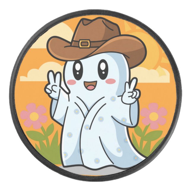 Cute Cowboy Ghost for Halloween Fun Decoration Hockey Puck (Front)