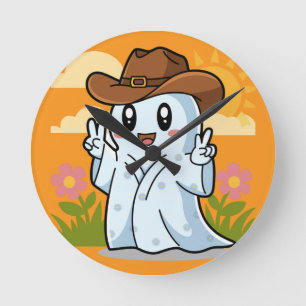 Cute Cowboy Ghost for Halloween Fun Decoration Round Clock