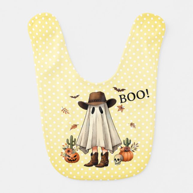 Cute Cowboy Ghost with Pumpkins, Cactus and Skull Baby Bib (Front)