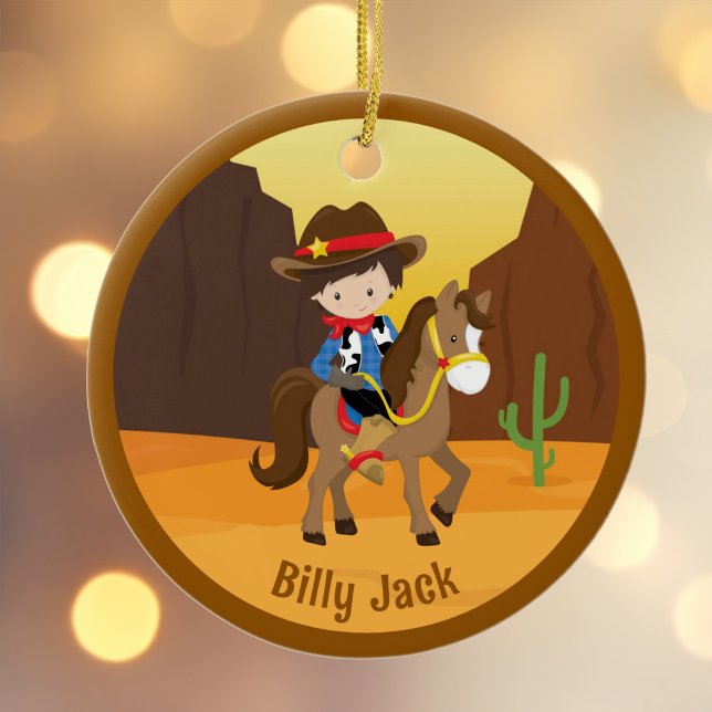 Cute Cowboy Kids Name Personalized Christmas Ceramic Ornament (Creator Uploaded)