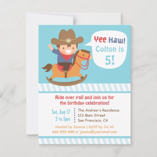 Cute Cowboy On Rocking Horse Kids Birthday Party Invitation