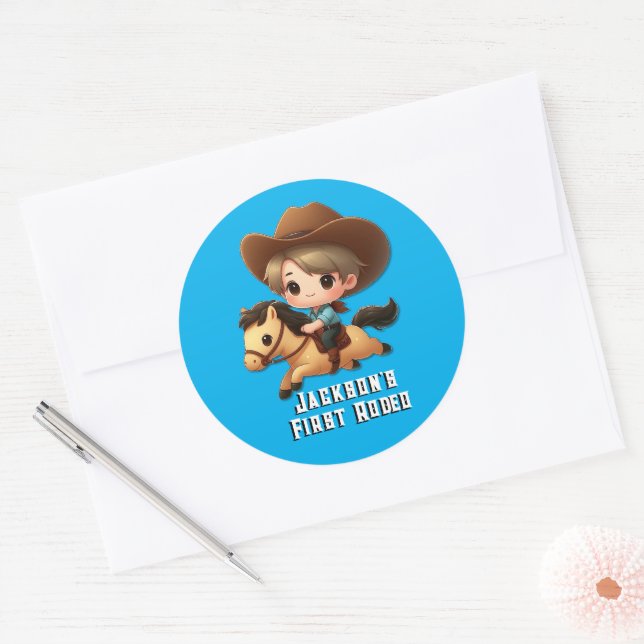 Cute Cowboy Rodeo Birthday Classic Round Sticker (Envelope)