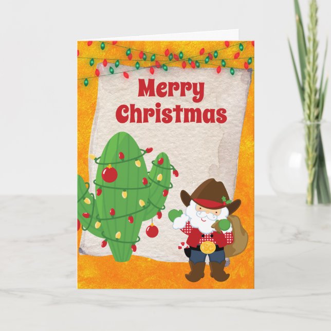 Cute Cowboy Santa and Cactus Southwest Christmas Holiday Card (Front)