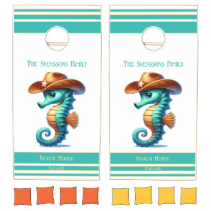 Cute Cowboy Seahorse Family Name Teal Beach House Cornhole Set