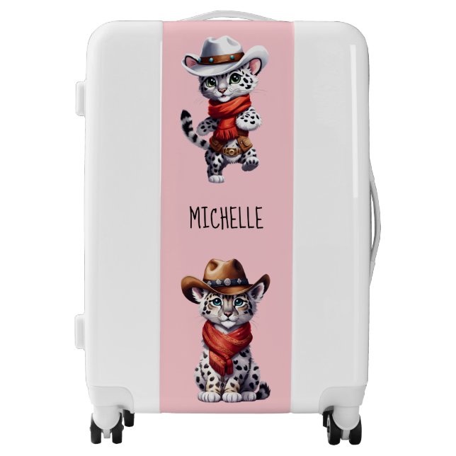 Cute Cowboy Snow Leopard Name Pink Luggage (Front)