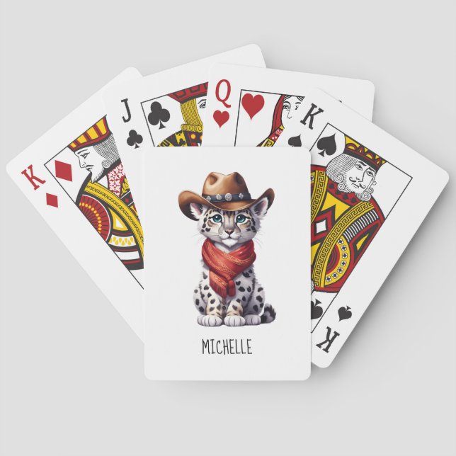 Cute Cowboy Snow Leopard Name Poker Cards (Back)