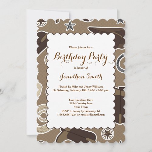 Cute Cowboy Theme Brown Birthday Party Invitation