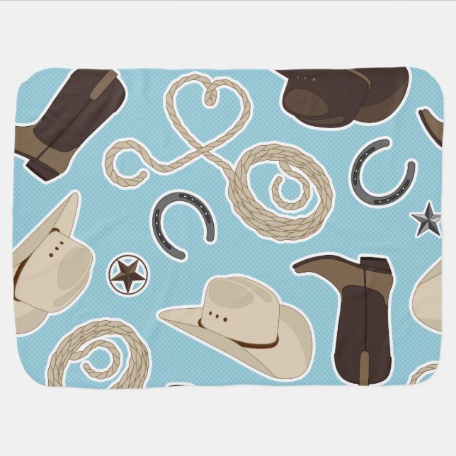 Cute Cowboy Theme Pattern Blue Swaddle Blanket (Horizontal)