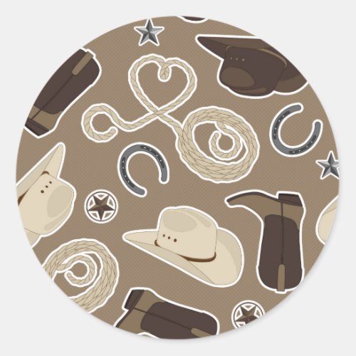Cute Cowboy Theme Pattern Brown Classic Round Sticker
