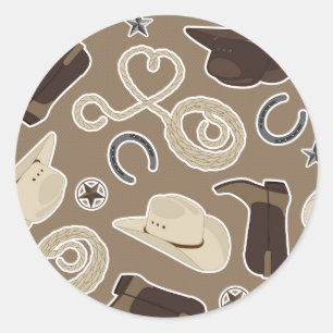 Cute Cowboy Theme Pattern Brown Classic Round Sticker
