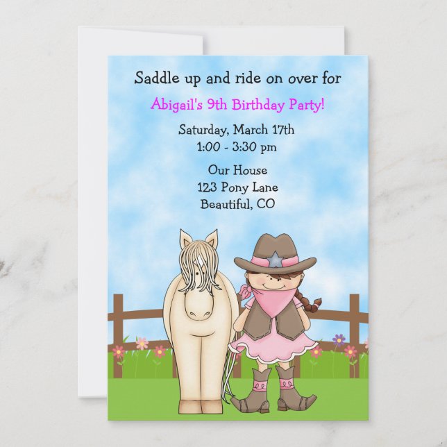 Cute Cowgirl and Horse Birthday Invitation (Front)