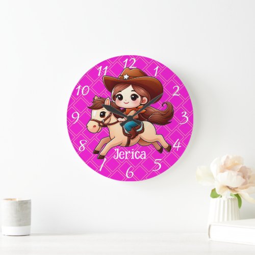 Cute Cowgirl and Horse Western Pink Large Clock