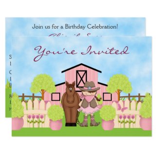 Cute Cowgirl, Brown Horse and Pink Barn Birthday Invitation