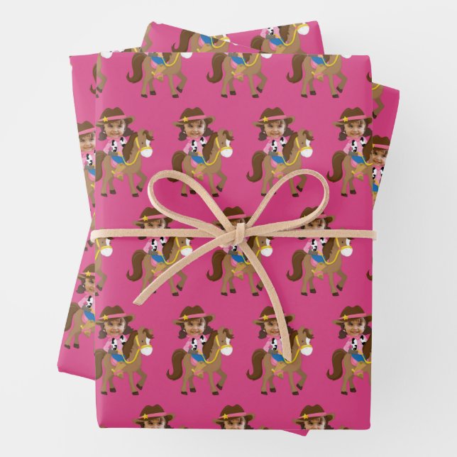 Cute Cowgirl Face Photo Custom Kids Birthday Wrapping Paper Sheets (In situ)