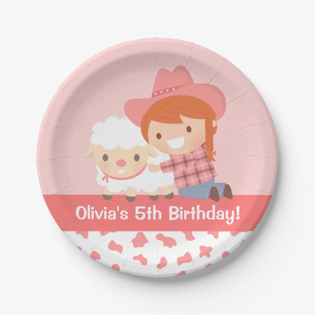 Cute Cowgirl Hugs Lamb Girls Birthday Party Paper Plates (Front)
