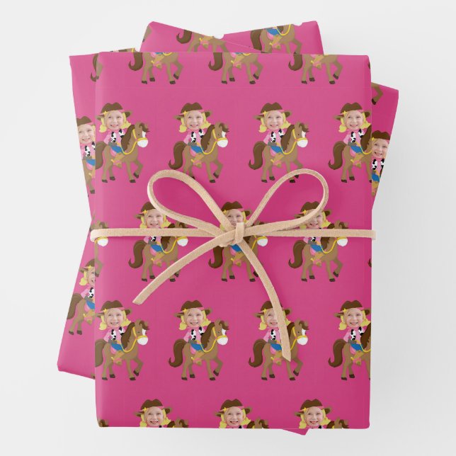 Cute Cowgirl Kids Birthday Custom Girls Photo Wrapping Paper Sheets (In situ)