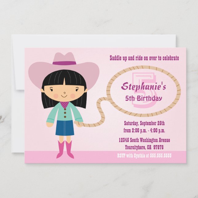 Cute cowgirl lasso girl's birthday party invite (Front)
