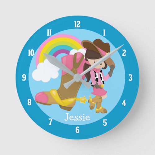 Cute Cowgirl Personalized Blue Kids Room Round Clock