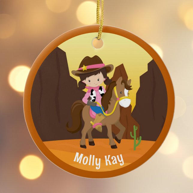 Cute Cowgirl Personalized Kids Name Christmas Ceramic Ornament (Creator Uploaded)
