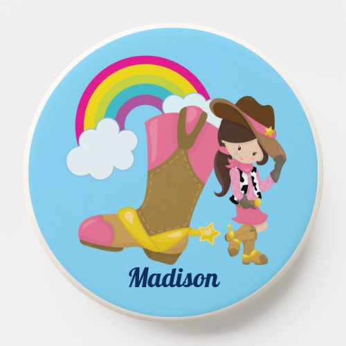 Cute Cowgirl Rainbow Personalized Kids Blue PopSocket