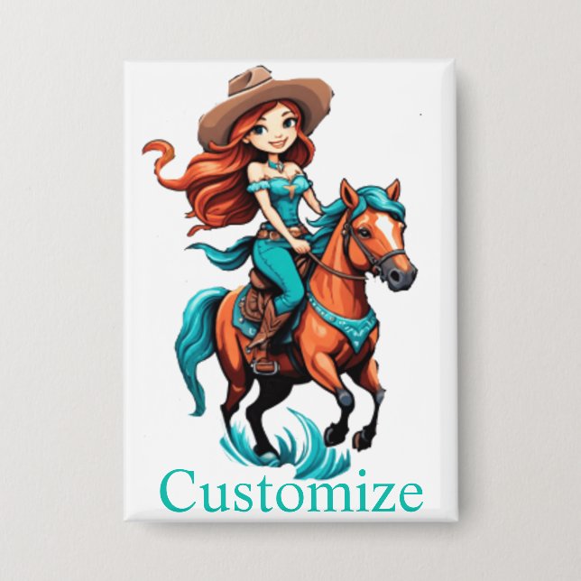 Cute Cowgirl Riding Pony Thunder_Cove Button (Front)